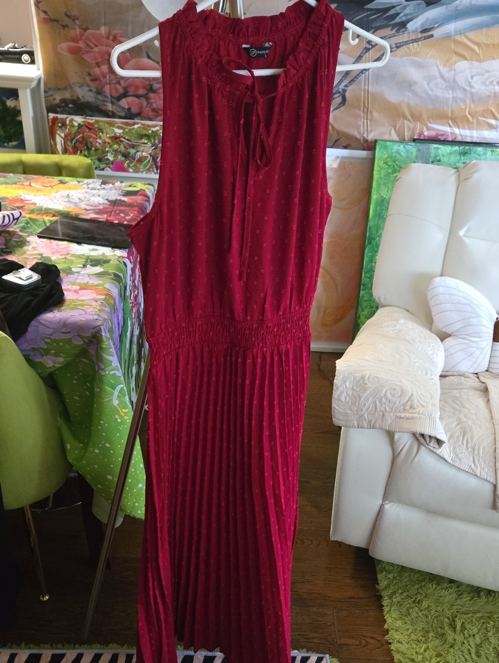 Sleeveless Red Maxi Dress with A Pleated Skirt